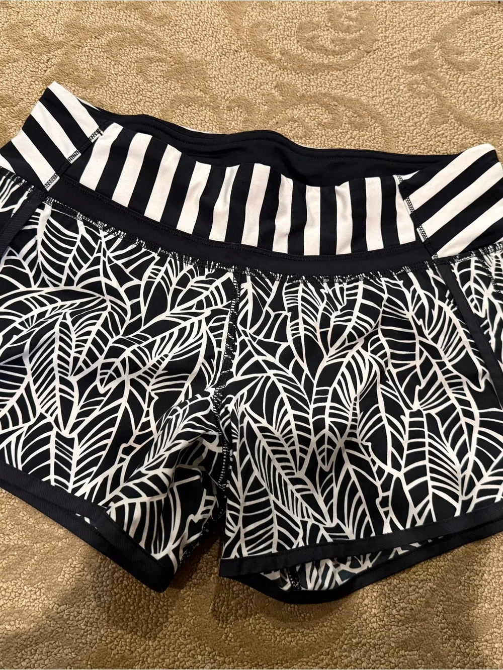 lululemon athletica Black & White Leaf-Print Athletic Shorts